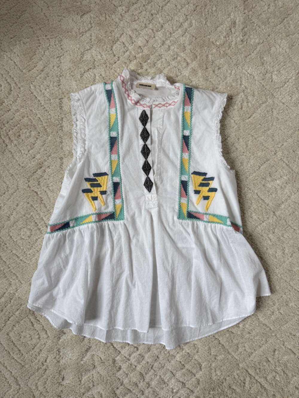Zadig & Voltaire white embroidered sleeveless blouse, small
